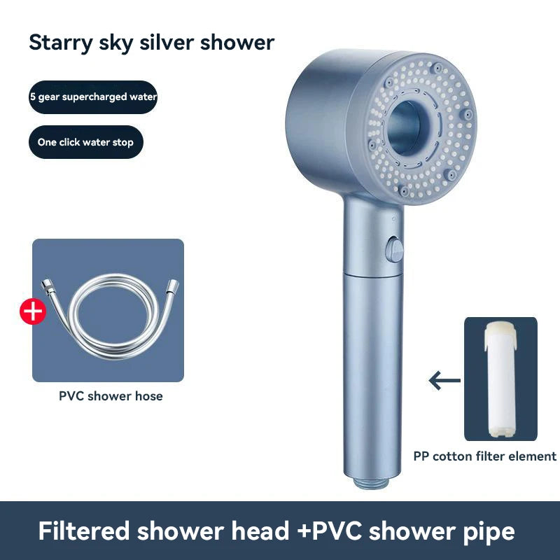 5-Mode High Pressure Shower Head with Filter – Portable Rainfall Spray for Bathroom Tap