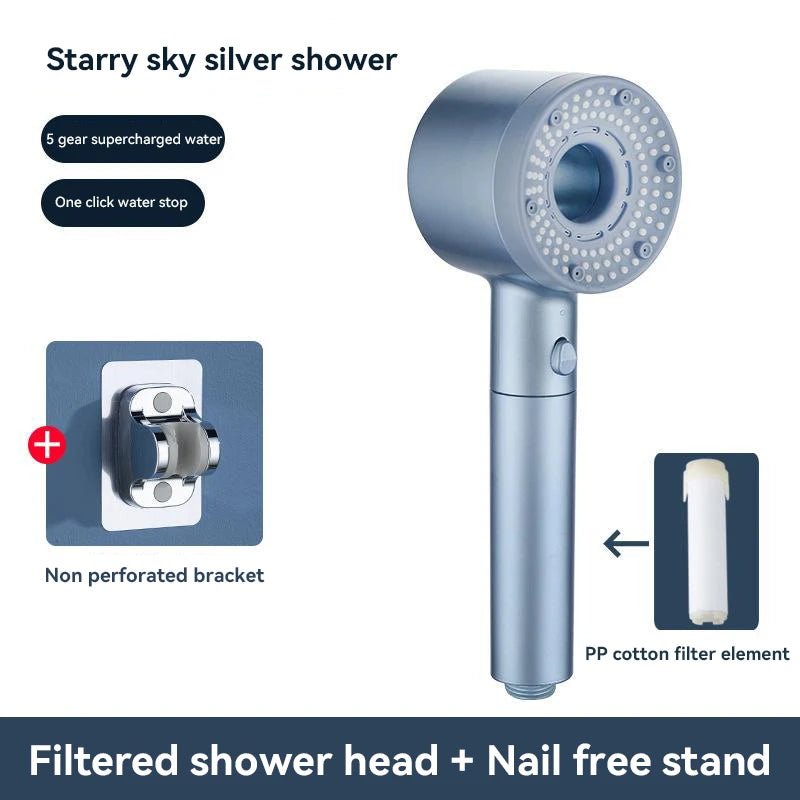 5-Mode High Pressure Shower Head with Filter – Portable Rainfall Spray for Bathroom Tap