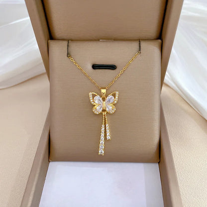 Exquisite Micro Inlaid Zircon Butterfly Tassel Necklace