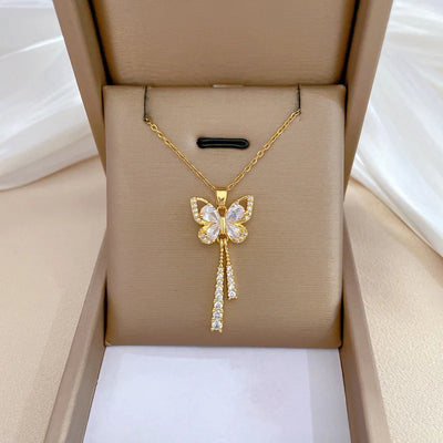 Exquisite Micro Inlaid Zircon Butterfly Tassel Necklace – Stainless Steel Moon & Flower Clavicle Choker for Women