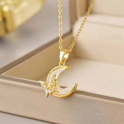 Exquisite Micro Inlaid Zircon Butterfly Tassel Necklace – Stainless Steel Moon & Flower Clavicle Choker for Women