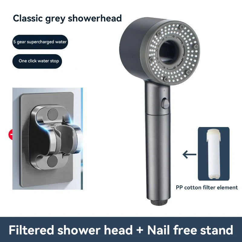 5-Mode High Pressure Shower Head with Filter – Portable Rainfall Spray for Bathroom Tap