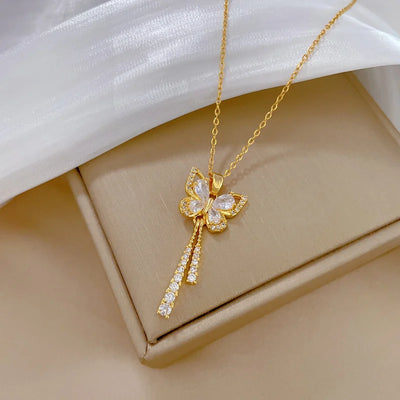 Exquisite Micro Inlaid Zircon Butterfly Tassel Necklace – Stainless Steel Moon & Flower Clavicle Choker for Women