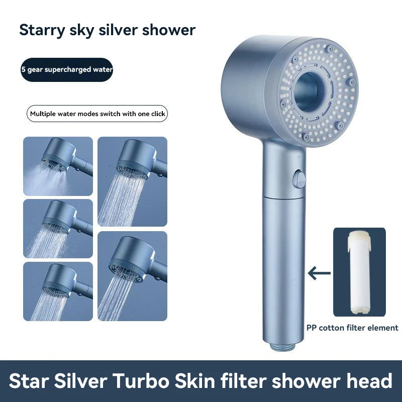 5-Mode High Pressure Shower Head with Filter – Portable Rainfall Spray for Bathroom Tap